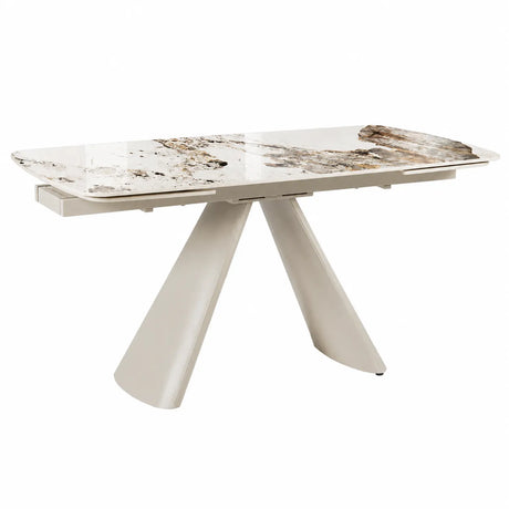 Tavolo allungabile Cupido 165/240 cm con piano in ceramica effetto Marmo Patagonia e struttura in metallo verniciato a polvere color Cashmere.