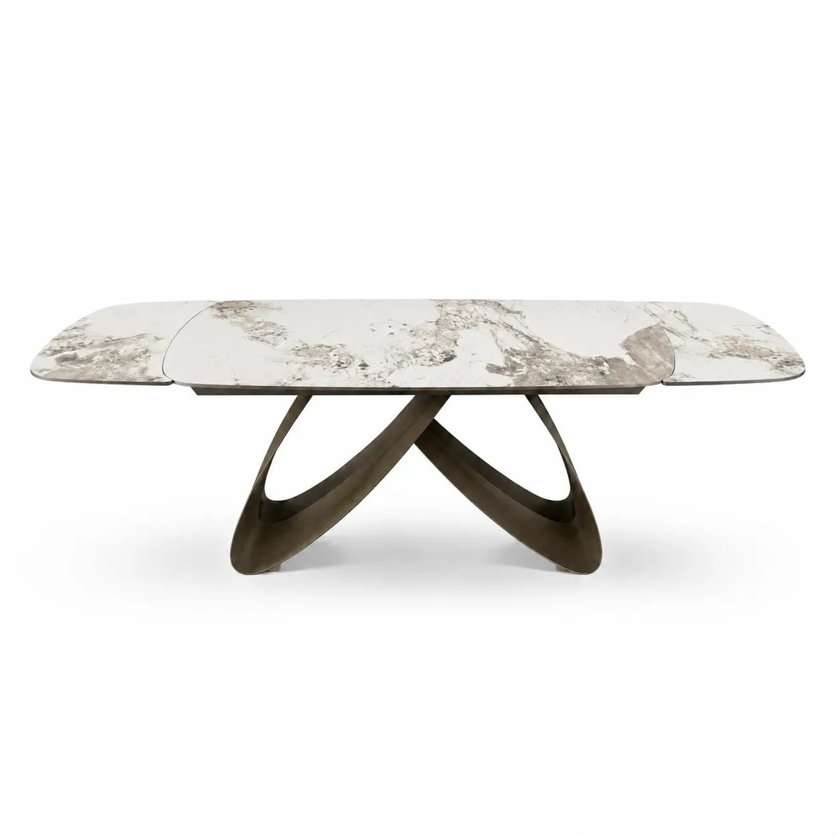 Tavolo Fly allungabile da 160 a 240 cm con piano in ceramica e base in metallo verniciato. Disponibile in due varianti di colore