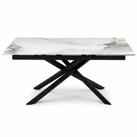 Tavolo George allungabile con piano in ceramica effetto marmo e base in metallo nero design incrociato moderno