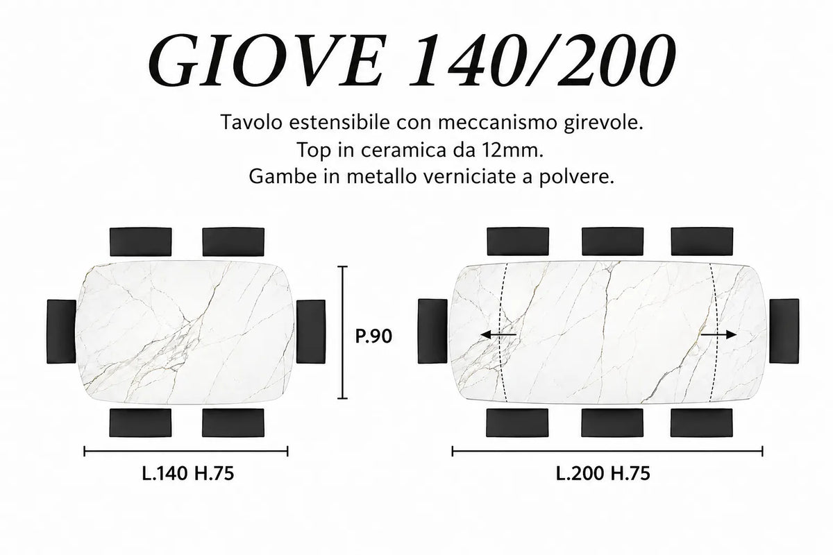 Tavolo allungabile Giove 140/200 cm con piano in ceramica effetto Marmo e struttura in metallo.