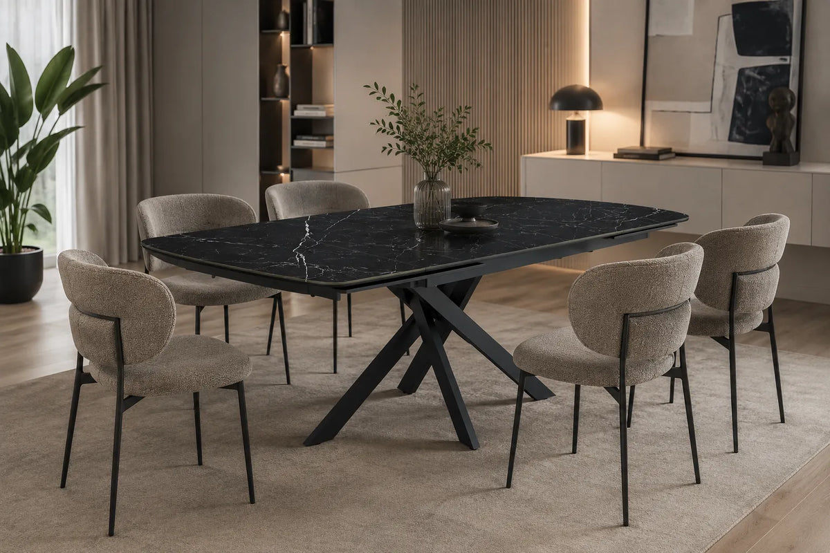 Tavolo allungabile Giove 140/200 cm con piano in ceramica effetto Marmo Nero Creta e struttura in metallo nero.