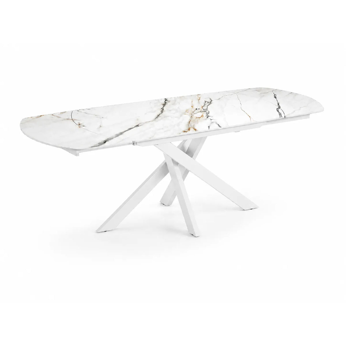 Tavolo allungabile Giove 140/200 cm con piano in ceramica effetto Marmo Oro Opaco e struttura in metallo bianco.