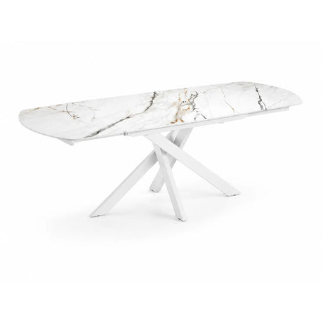 Tavolo allungabile Giove 140/200 cm con piano in ceramica effetto Marmo Oro Opaco e struttura in metallo bianco.