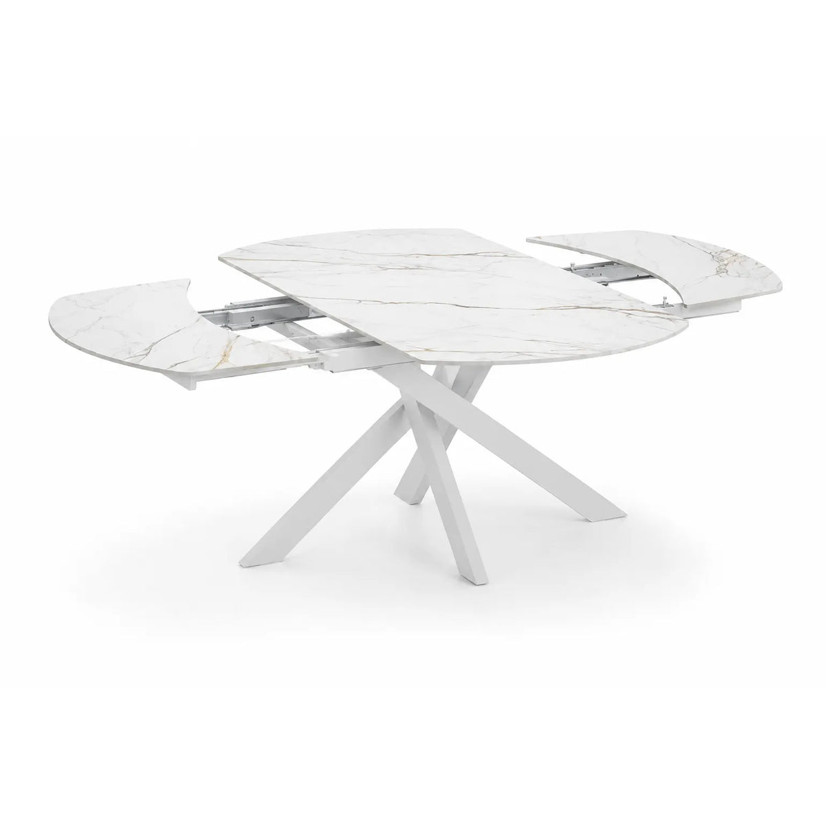 Tavolo allungabile Giove 140/200 cm con piano in ceramica effetto Marmo Oro e struttura in metallo bianco.