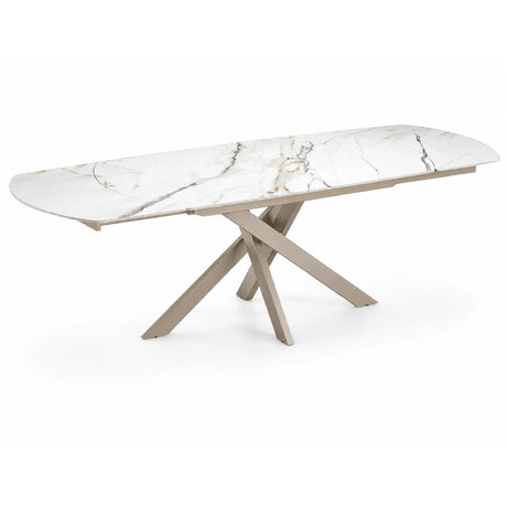 Tavolo allungabile Giove 140/200 cm con piano in ceramica effetto Marmo Oro Opaco e struttura in metallo Champagne.