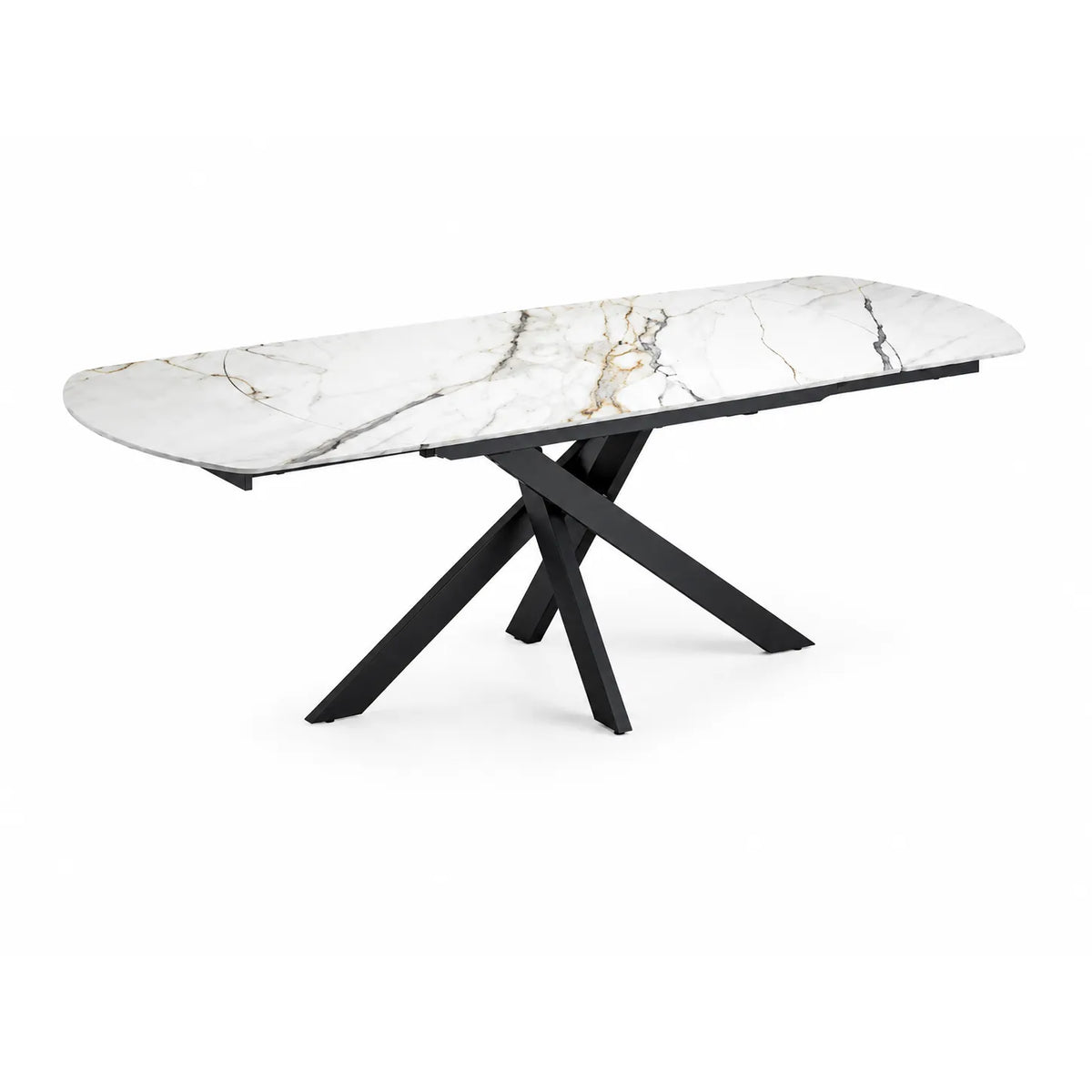 Tavolo allungabile Giove 140/200 cm con piano in ceramica effetto Marmo Oro Opaco e struttura in metallo nero.