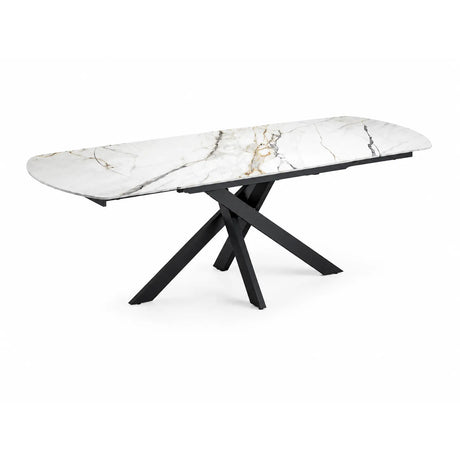Tavolo allungabile Giove 140/200 cm con piano in ceramica effetto Marmo Oro Opaco e struttura in metallo nero.