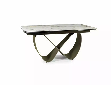 Tavolo Infinity Ceramic allungabile con top in vetroceramica marmo bianco e struttura in metallo oro opaco