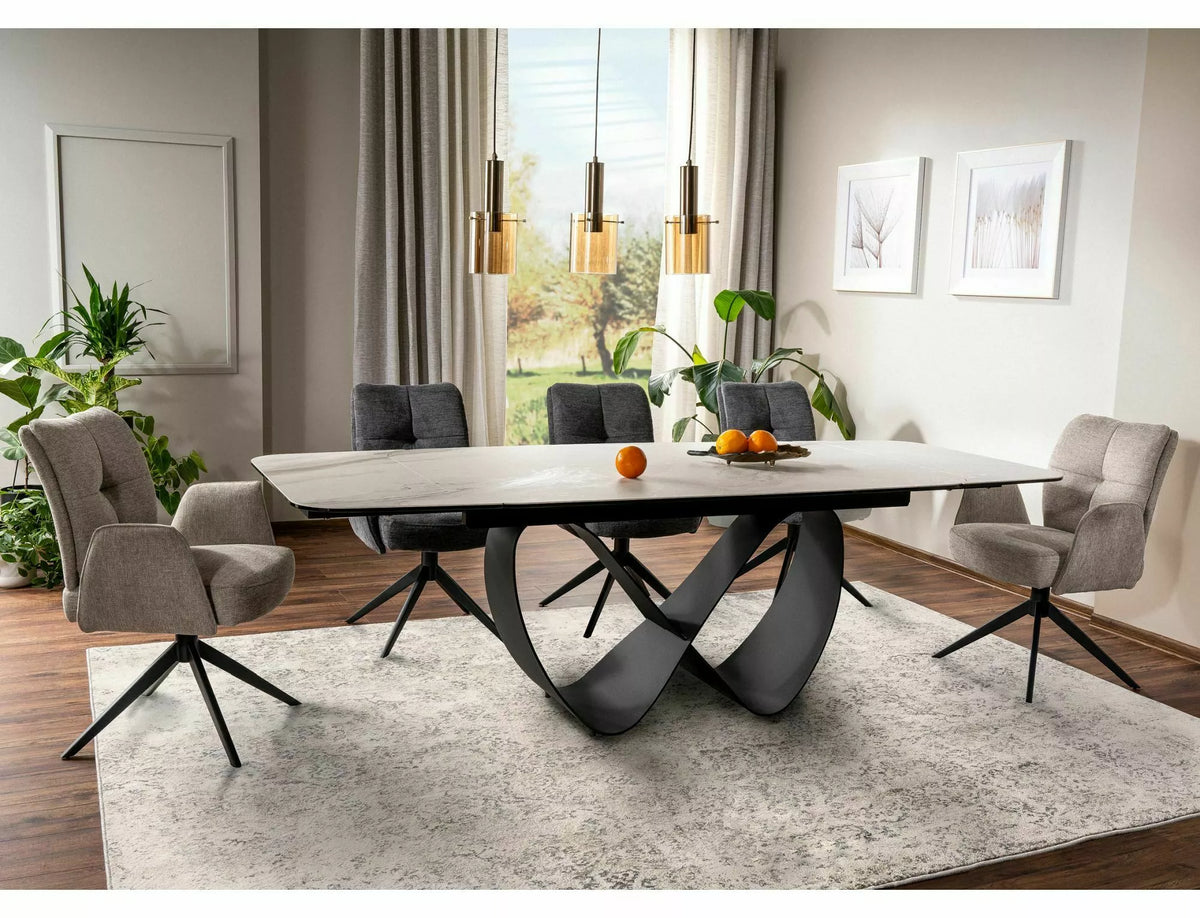 Tavolo Infinity Ceramic allungabile con top in vetroceramica effetto marmo bianco e struttura in metallo nero
