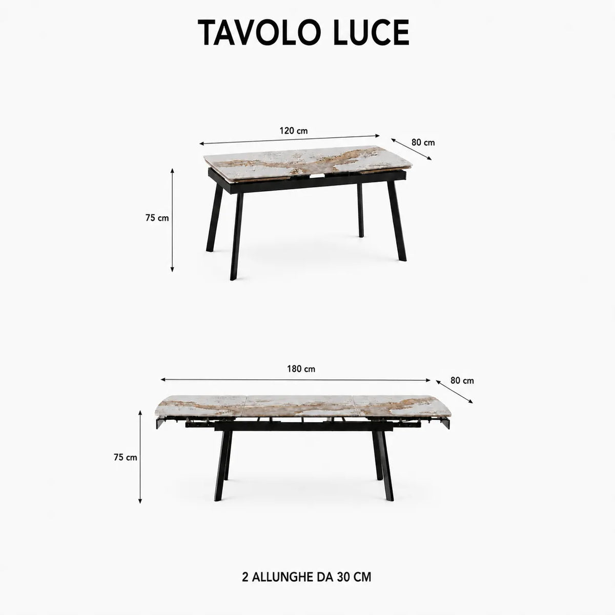 Tavolo Luce allungabile 160-240 cm in ceramica Bianco Patagonia con gambe nere