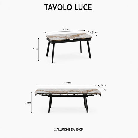 Tavolo Luce allungabile 160-240 cm in ceramica Bianco Patagonia con gambe nere