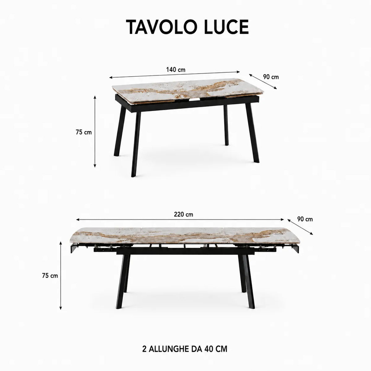 Tavolo Luce allungabile 160-240 cm in ceramica Bianco Patagonia con gambe nere