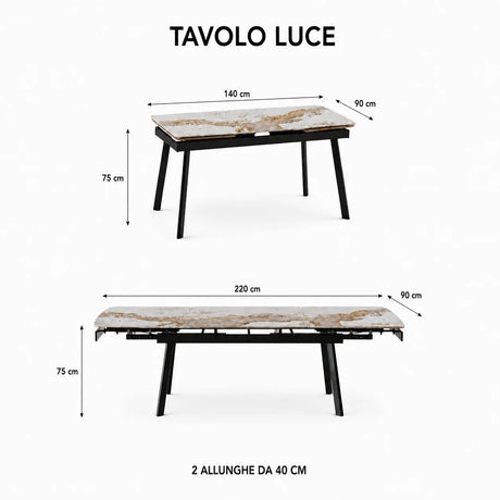Tavolo Luce allungabile 160-240 cm in ceramica Bianco Patagonia con gambe nere