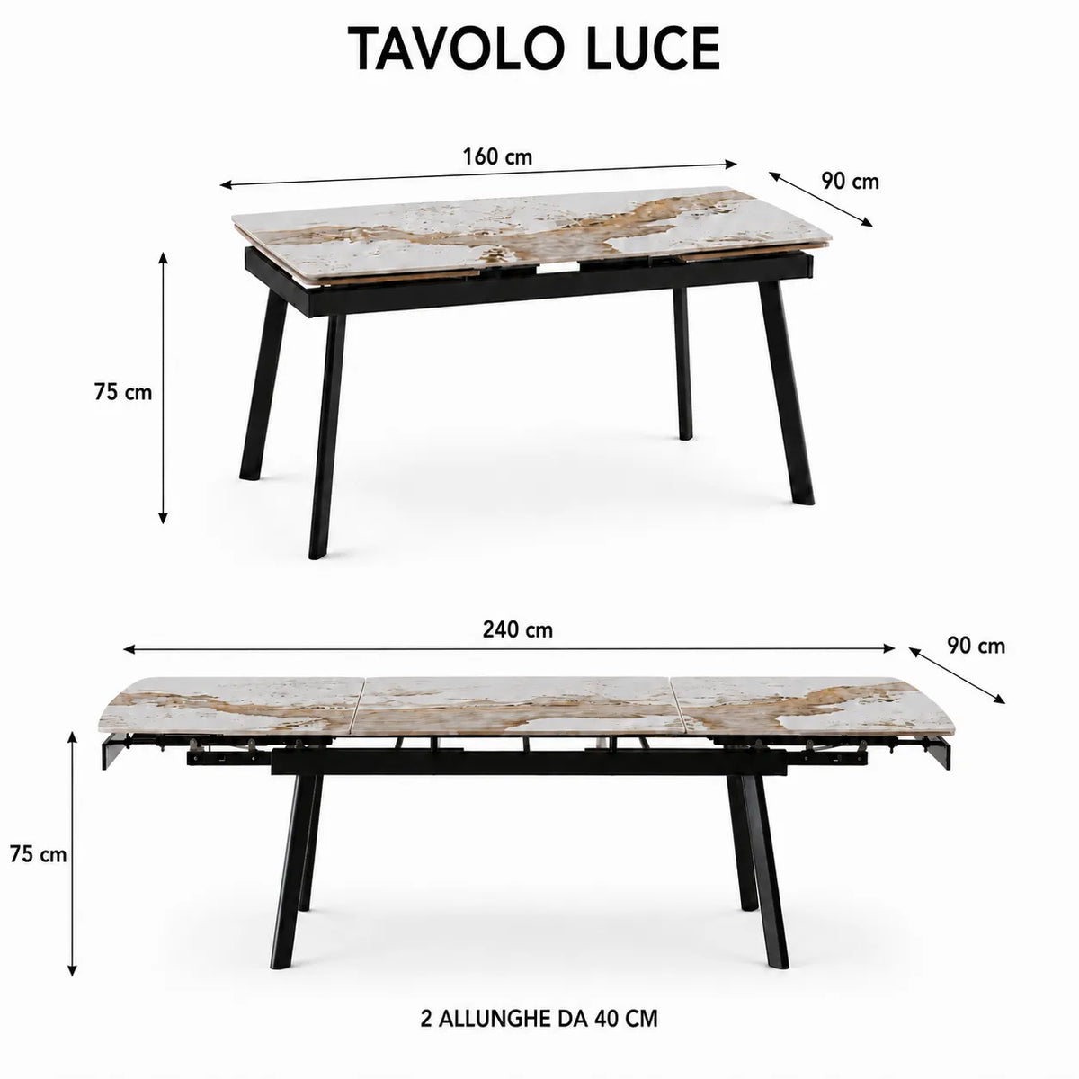 Tavolo Luce allungabile 160-240 cm in ceramica Bianco Patagonia con gambe nere
