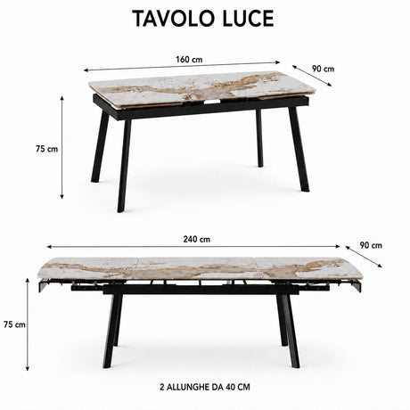 Tavolo Luce allungabile 160-240 cm in ceramica Bianco Patagonia con gambe nere