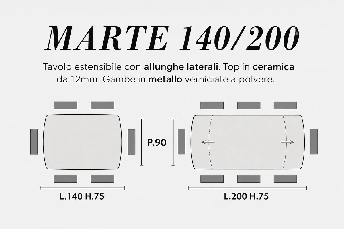 Tavolo allungabile Marte 140/200 cm con piano in ceramica effetto Marmo Nero Creta e struttura in metallo nero.