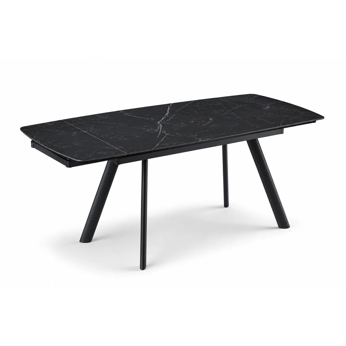 Tavolo allungabile Marte 160/240 cm con piano in ceramica effetto Marmo Nero Creta e struttura in metallo nero.