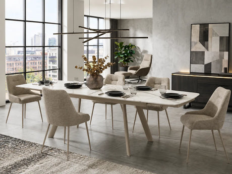 Tavolo allungabile Marte 160/240 cm con piano in ceramica effetto Marmo Oro Opaco e struttura in metallo verniciato Champagne.