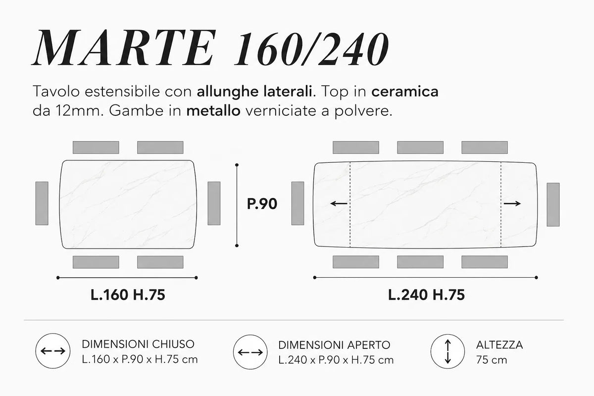 Tavolo allungabile Marte 160/240 cm con piano in ceramica effetto Marmo Nero Creta e struttura in metallo nero.