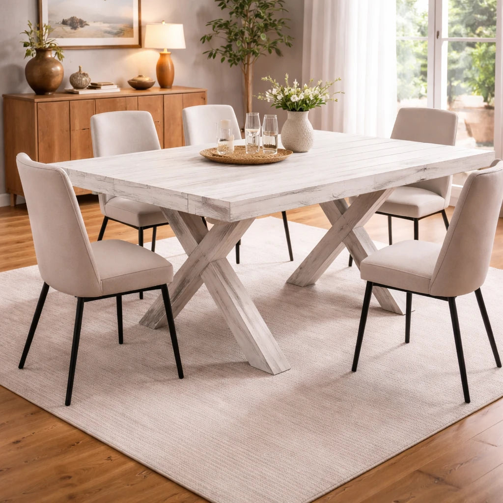 Tavolo Monza allungabile in legno effetto rovere bianco con gambe a X, stile moderno rustico