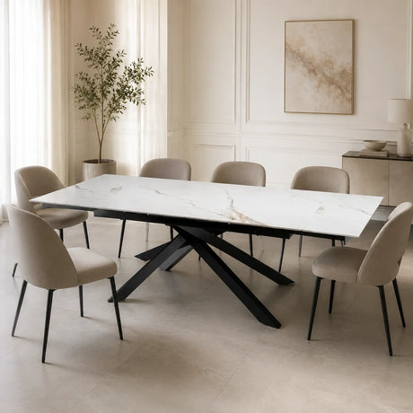 Tavolo Moon allungabile con piano in ceramica effetto marmo Calacatta Oro e base in metallo oro o nero