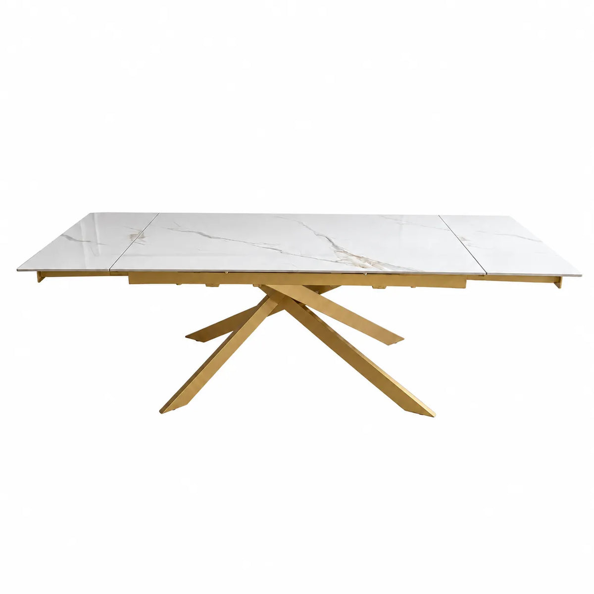 Tavolo Moon allungabile con piano in ceramica effetto marmo Calacatta Oro e base in metallo oro o nero