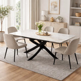 Tavolo New Moon allungabile con piano in ceramica effetto marmo bianco venato e base in metallo nero design moderno