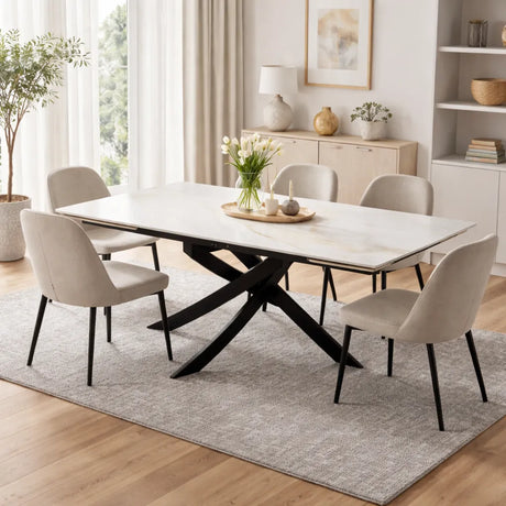 Tavolo New Moon allungabile con piano in ceramica effetto marmo bianco venato e base in metallo nero design moderno