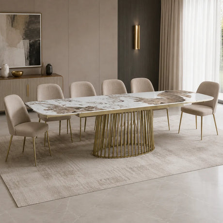 Tavolo Odisseo allungabile con piano in ceramica effetto marmo Onice lucido e basamento Champagne Oro opaco