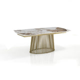 Tavolo Odisseo allungabile con piano in ceramica effetto marmo Onice lucido e basamento Champagne Oro opaco