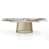 Tavolo Odisseo allungabile con piano in ceramica effetto marmo Onice lucido e basamento Champagne Oro opaco
