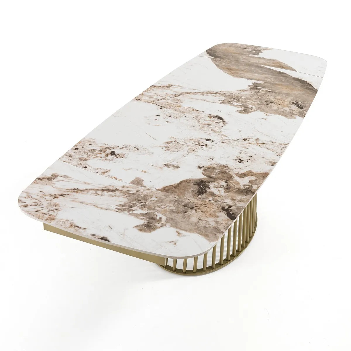 Tavolo Odisseo allungabile con piano in ceramica effetto marmo Onice lucido e basamento Champagne Oro opaco