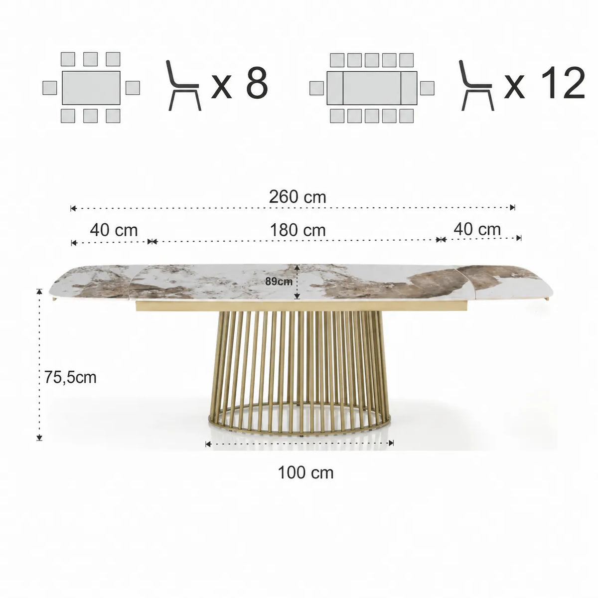 Tavolo Odisseo allungabile con piano in ceramica effetto marmo Onice lucido e basamento Champagne Oro opaco