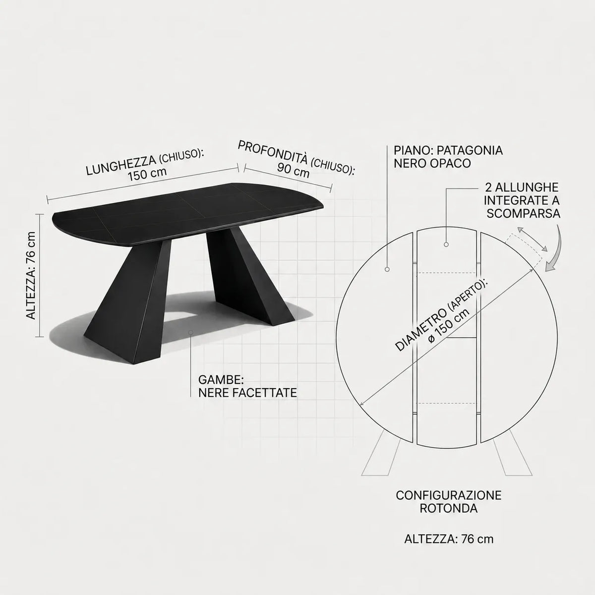 Tavolo Space allungabile con apertura rotante, piano in ceramica e due allunghe integrate, da 150 × 90 cm a rotondo Ø 150 cm