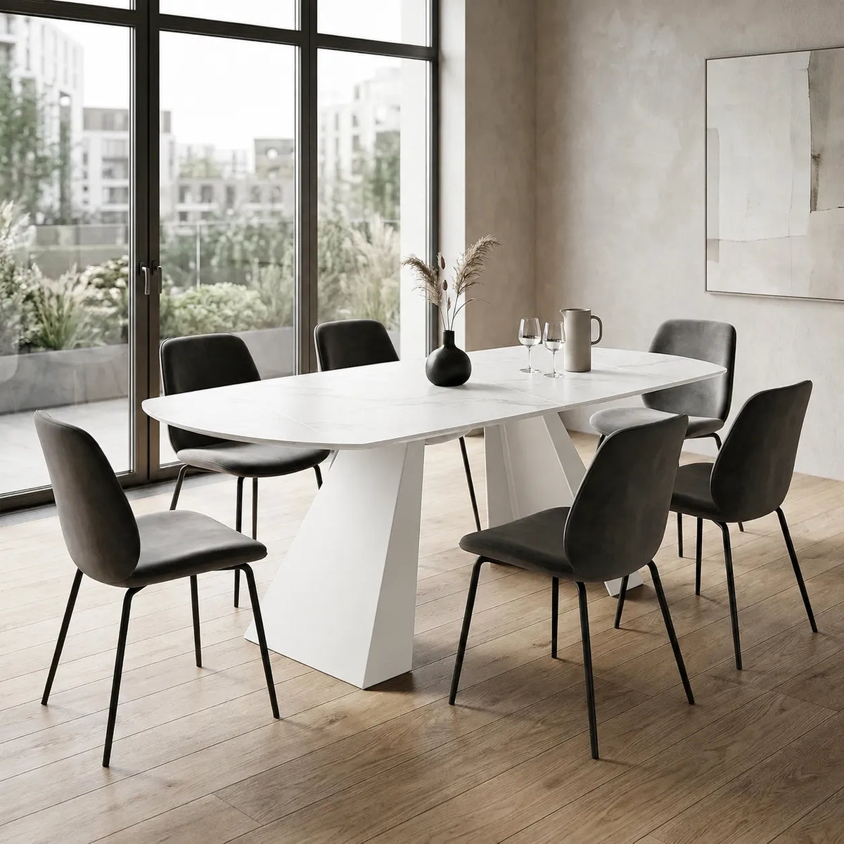 Tavolo Space allungabile con apertura rotante, piano in ceramica e due allunghe integrate, da 150 × 90 cm a rotondo Ø 150 cm