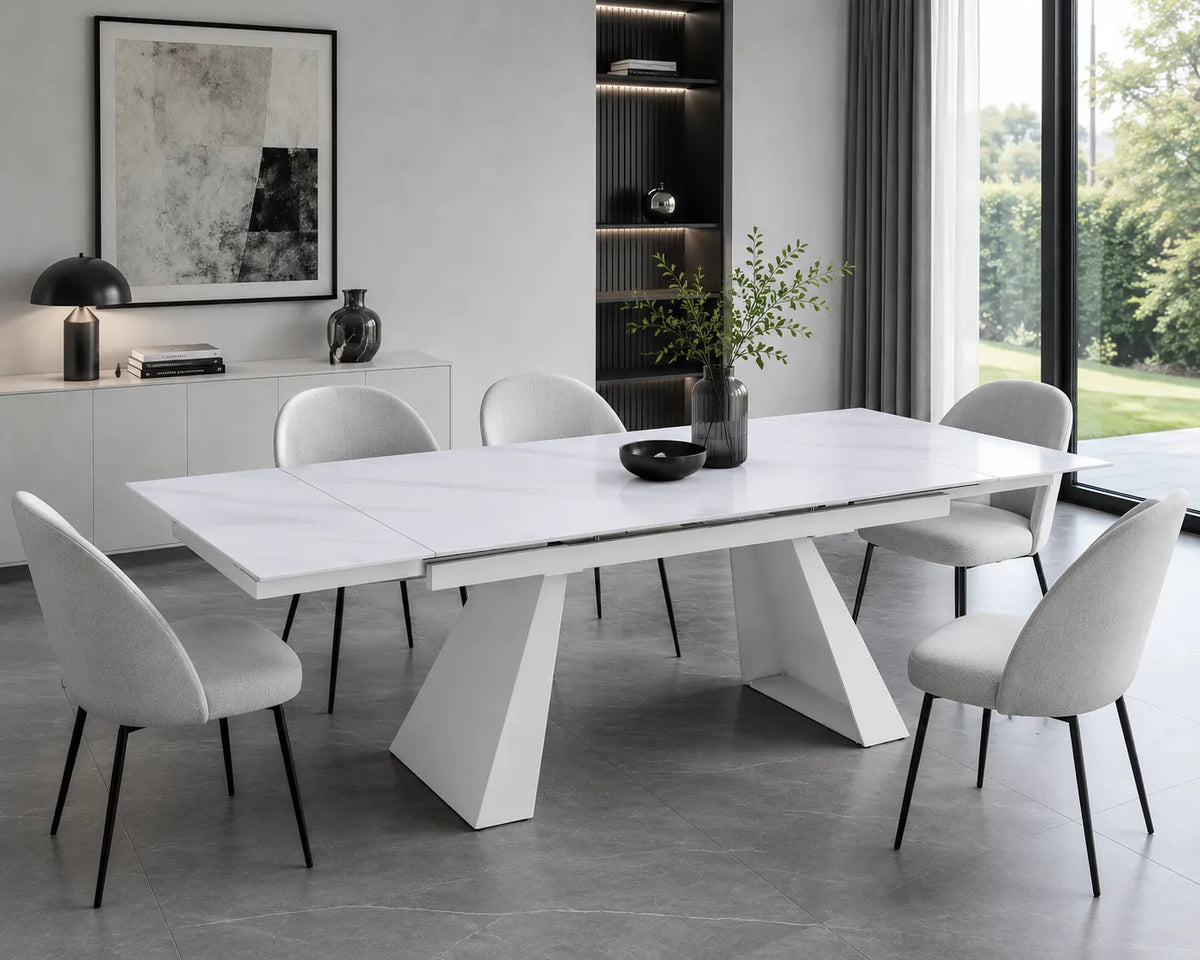 Tavolo Vermont allungabile 160x90 estensibile a 240 in ceramica effetto marmo Carrara con struttura in metallo bianco