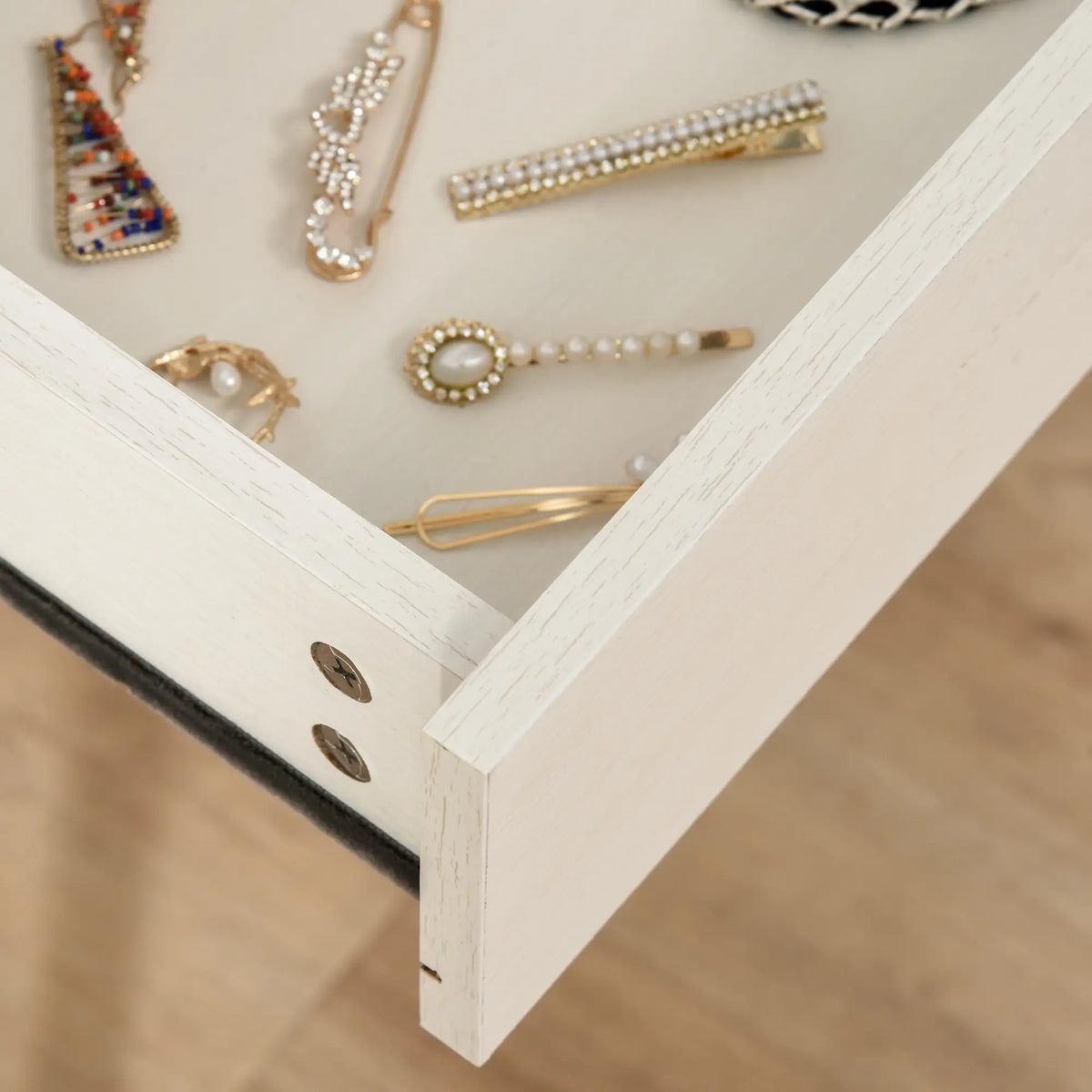 Toeletta da Trucco Bianca con Specchio Oro, 2 Cassetti e Gambe in Legno – Design Elegante per Camera da Letto