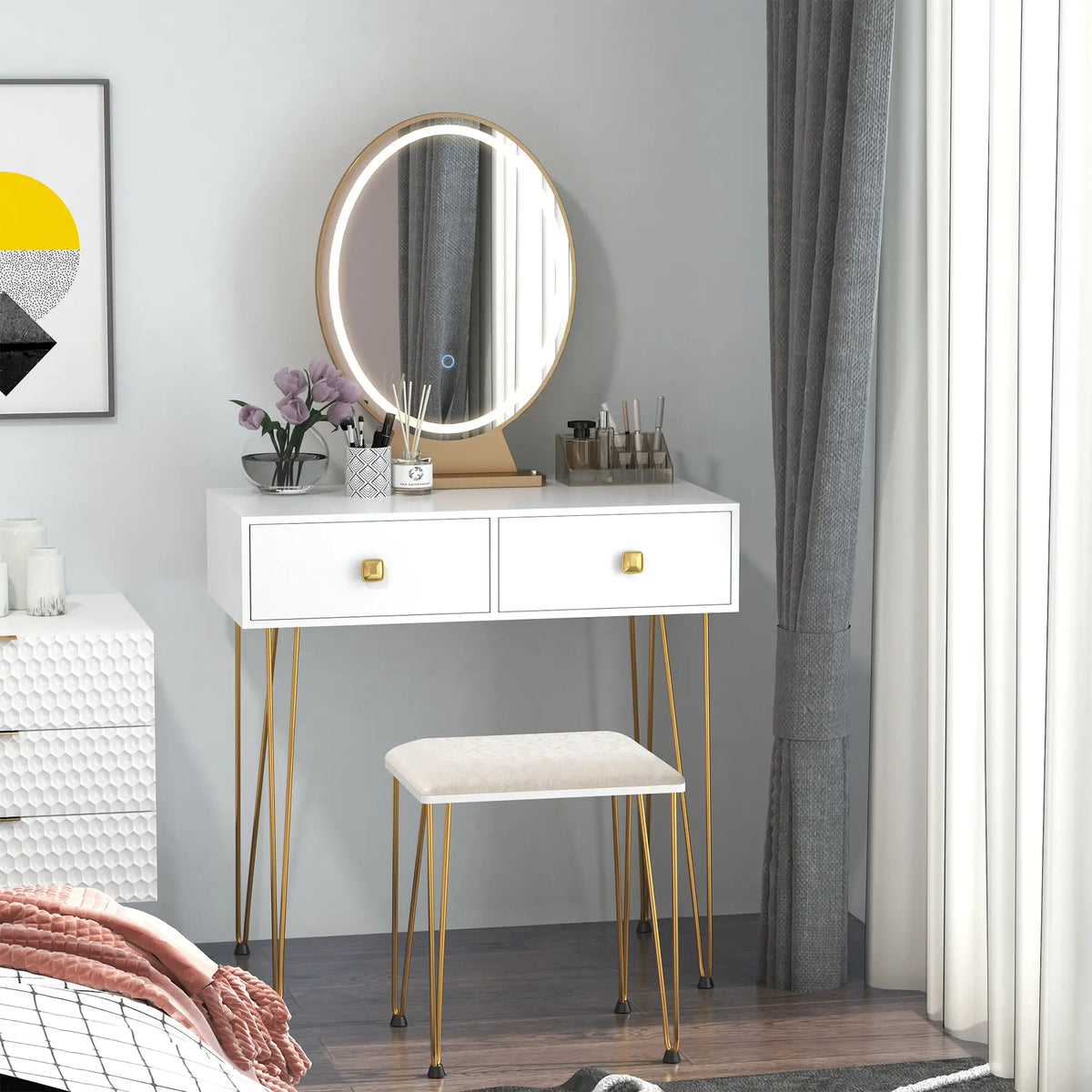 Toeletta bianca con luci LED, specchio touch e sgabello imbottito in stile industriale