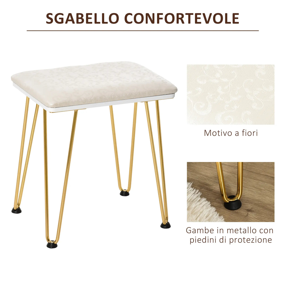 Toeletta bianca con luci LED, specchio touch e sgabello imbottito in stile industriale