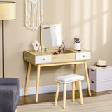 Toeletta color legno con specchio estraibile, 2 cassetti, organizer per gioielli e sgabello imbottito, ideale per postazione trucco moderna.