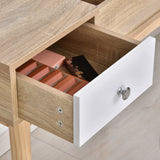 Toeletta  color legno con specchio estraibile, 2 cassetti, organizer per gioielli e sgabello imbottito, ideale per postazione trucco moderna.