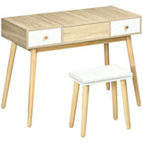 Toeletta  color legno con specchio estraibile, 2 cassetti, organizer per gioielli e sgabello imbottito, ideale per postazione trucco moderna.