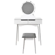 Toeletta trucco Laura Shally Dogan in legno bianco con specchio rotondo illuminato e sgabello imbottito