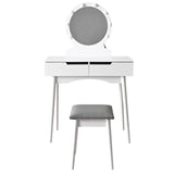 Toeletta trucco Laura Shally Dogan in legno bianco con specchio rotondo illuminato e sgabello imbottito