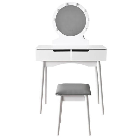 Toeletta trucco Laura Shally Dogan in legno bianco con specchio rotondo illuminato e sgabello imbottito