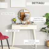 Toeletta da Trucco Bianca con Specchio Oro, 2 Cassetti e Gambe in Legno – Design Elegante per Camera da Letto